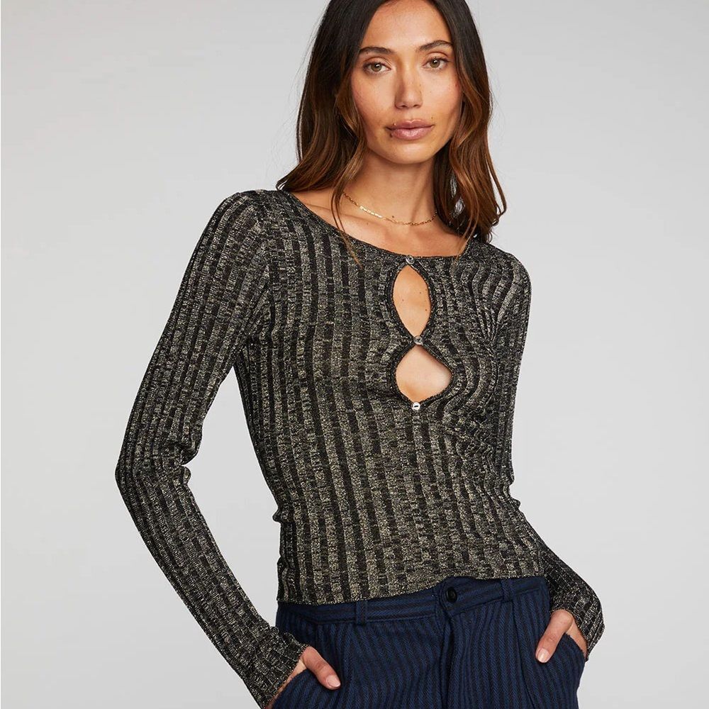 Chaser Black Ribbed Knit Cardigan Top Keyhole Button Closures Gold Lurex Thread